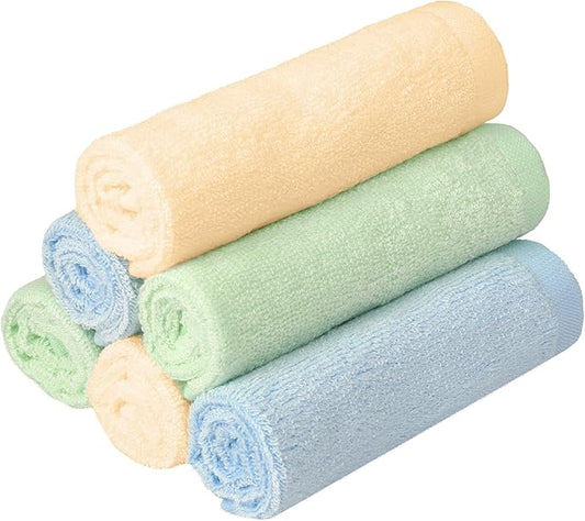 6 Pack Baby Boy Washcloths Bulk for Newborn, Extra Soft Face Bath Towel for Toddler, Absorbent Kids Wash Rag for Body, 70% Rayon Derived from Bamboo, 30% Cotton, 10"x10", Blue/Green/Yellow