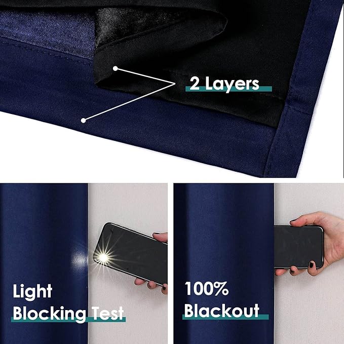 ChrisDowa 100% Blackout Curtains 84 inch Long for Bedroom with Black Liner, Extra Wide 2 Thick Layers Total Blackout Thermal Insulated Grommet Window Curtains 2 Panels Set (Navy Blue, 60 x 84 Inch)