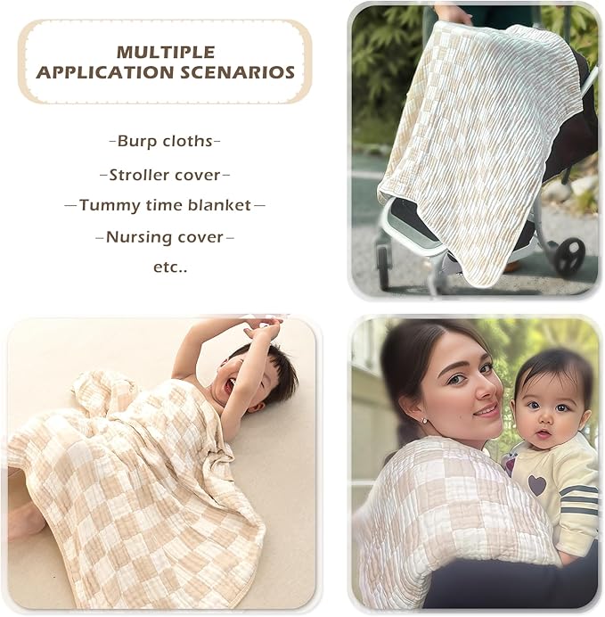 Ultra Soft Checkered Muslin Baby Blanket Pack of 2 Cotton Muslin Swaddles Blankets for Babies and Toddlers Girls Newborn 42 x 42 inches Cream and Pink