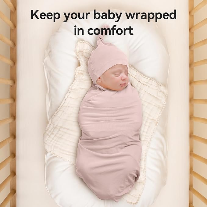 Rayon Made from Bamboo Newborn Swaddle Blanket Set with Matching Beanie, Super Soft Stretchy Baby Clothes Outfit for Girl Boy, Receiving Blankets Newborn Essentials, 35 x 35 Inch