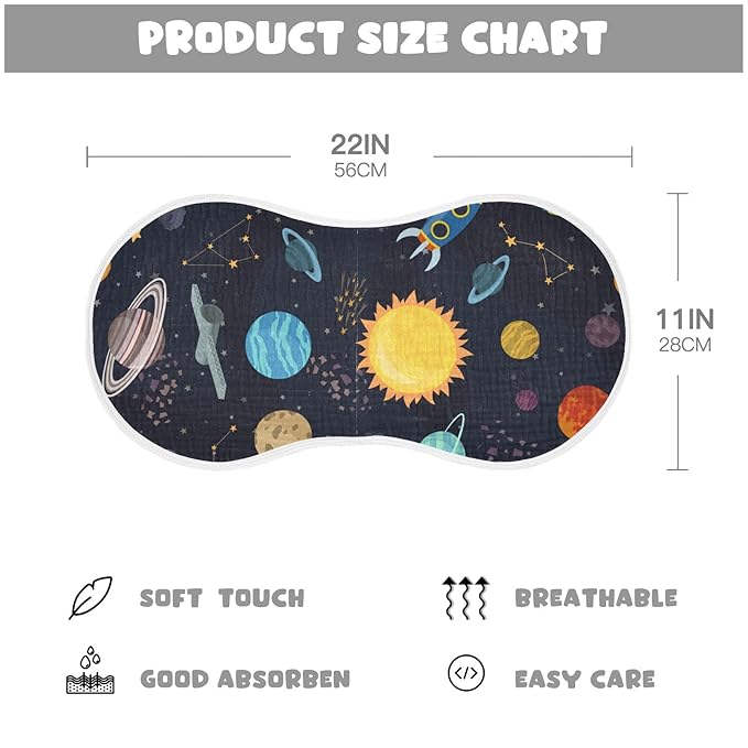 Kigai Carton Space Spaceships Muslin Baby Burp Cloths, Large Absorbent Cotton Muslin Burp Cloths Set of 1, Washcloths, Face Towel, Bibs for Newborn Boys Girls, 11 x22 Inch