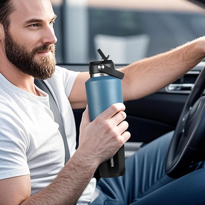 HYDROWION 32 oz Insulated Water Bottle, Car Water Bottle Holder - Double Wall Vacuum Insulated Travel Bottle with Straw Lid, Spout Lid and Flex Cap - Cold for 24H, Hot for 12H, Olive