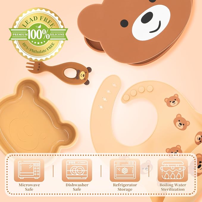 CHCC Silicone Baby Feeding Set 7 Pcs, Baby Led Weaning Supplies, Baby Feeding Supplies Set BPA Free, Baby Essentials for Newborn Gift Bear