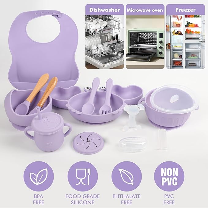 Silicone Baby Feeding Set 15 Pcs，Baby Spoons Suction Bowl Divided Plate Bib Cup Finger Brush Training cups,Baby Led Weaning Supplies,Baby Plates，Toddler Feeding Plates and Bowls Set（purple）