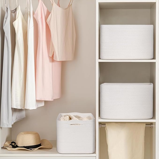 Woven Storage Baskets, White Baskets for Organizing, 3 Pack Woven Basket for Storage, Storage Baskets for Shelf, Towel, Toy, Book, Closet, Baby 15"×10"×9"