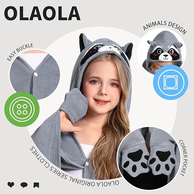 OLAOLA Raccoon Hooded Towel for Kids 3-12 Years, 28" x 53" Soft Thick Absorbent Beach Towels, Toddler Bath Towel Wrap, Swim Pool Towels Poncho for Boys Girls