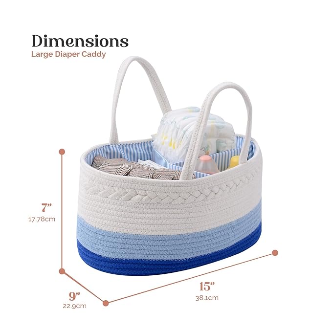 luxury little Diaper Caddy Organizer, Large Cotton Rope Nursery Baby Basket, Changing Table Organizer for Baby Diaper Storage, Portable Car Organizer Removable Divider (Blue, Large)
