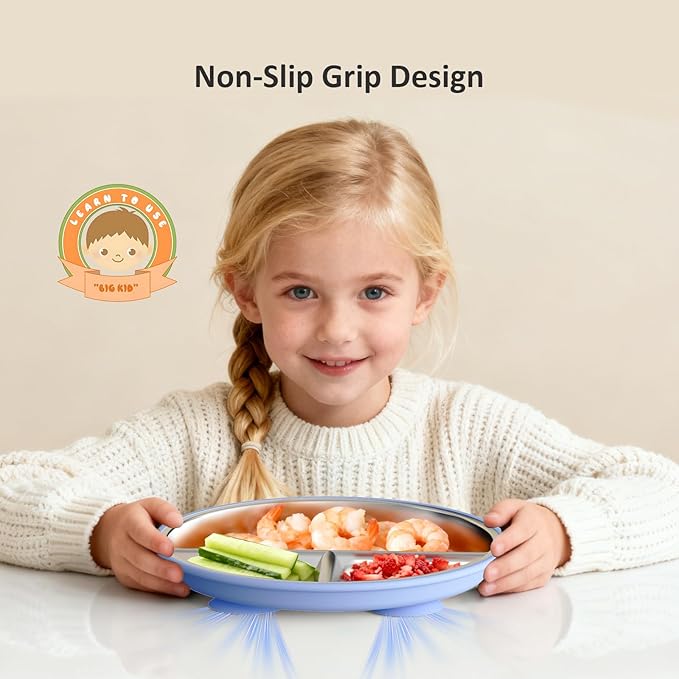 Bakpoco Stainless Steel Suction Plates for Toddlers, 9" Divided Kids Baby Plates with Removable Silicone Suction, Non Toxic Non Slip Portion Control Snack Dishes 3 Packs, Blue Gray Blush