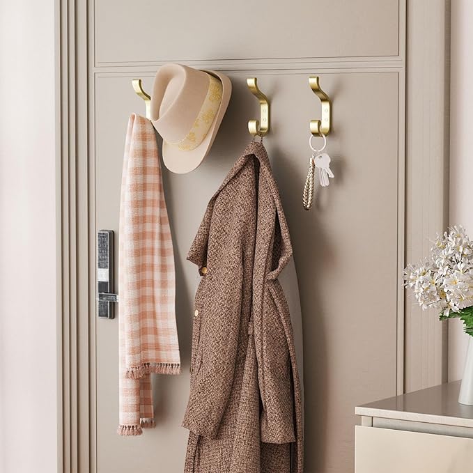 Large Wall Hooks for Hanging Coats: Heavy Duty Wall-Mount Hanger (Hold 30 LB), Mudroom Hooks for Clothes, Backpack, Purse, Bathroom Towel (Gold, 4 Pack)