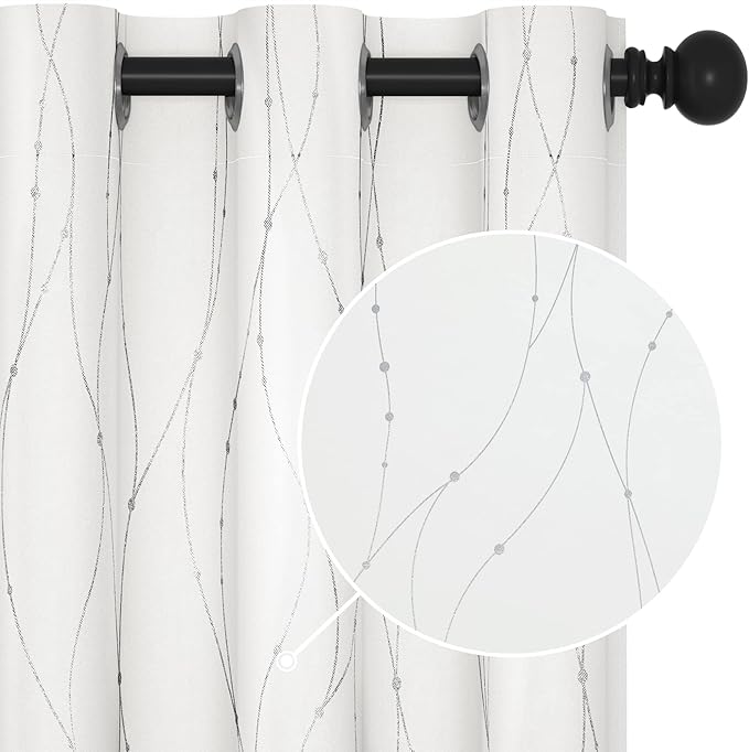 Deconovo White Curtains 63 Inches Long, Room Darkening Curtain, Thermal Insulated Soundproof Drapes, Wave Dots Silver Print, Grommet Top, Window Panels for Living Room Bedroom Nursery Office, Set of 2