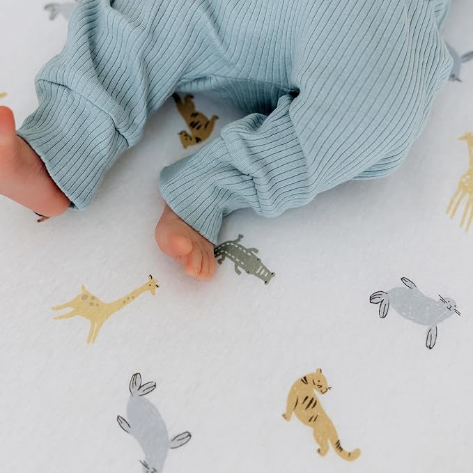 Dreamology Pack and Play Sheets, 2 Pack, Soft, 100% Cotton Mini Crib Sheets, Baby Mattress Sheets for Boys,Girls, Pack n Play Sheets, Mini Crib Fitted Sheet, 24x38 Mini Crib Sheet | Blue,Animals