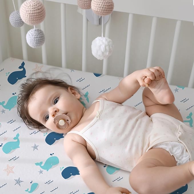 Little Grape Land Waterproof Crib Sheets for Boys Girls, Soft and Breathable Waterproof Baby Crib Sheets 52"x28", Crib Mattress Sheets Neutral for Standard Crib and Toddler Bed Mattress (Whale)