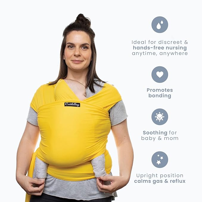 Cuddlebug Hands-Free Baby Carrier - Soft & Stretchy Wrap for Newborn to Toddler 7-35 lbs - One-Size-Fits-All Hip-Healthy Holder (Yellow)