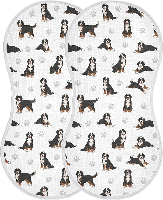 Qinllo 2 Pack Muslin Burp Cloths Bernedoodle Dogs White Cotton Baby Burp Cloths Ultra Soft Burping Cloth Absorbent Spit Up Rags for Newborn Boys Girls 22x11 Inch