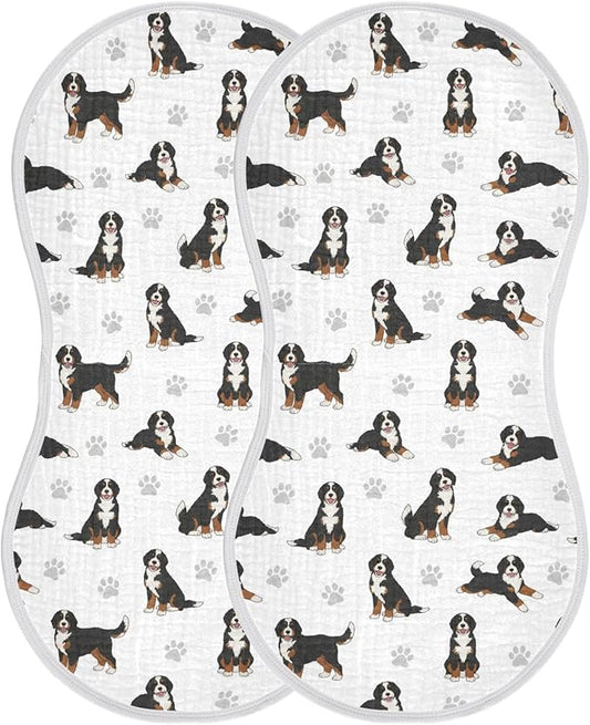 Qinllo 2 Pack Muslin Burp Cloths Bernedoodle Dogs White Cotton Baby Burp Cloths Ultra Soft Burping Cloth Absorbent Spit Up Rags for Newborn Boys Girls 22x11 Inch