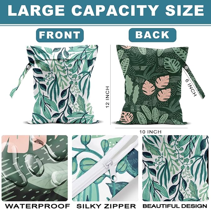 ZHAMEN 2Pcs Tropical Wet Bag 12x10 Inch, Plant Waterproof Reusable Wet Dry Bags, Leaves Washable Travel Laundry Bags for Swimsuit Beach Diapers Dirty Yoga Gym Clothes, Plants Gifts for Women Friend