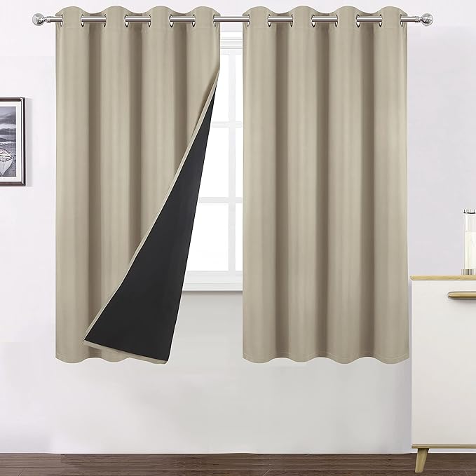 LEMOMO 100% Blackout Curtains 52 x 63 Inch/Beige Curtains 2 Panels with Black Lining Room Darkening Thermal Insulated Bedroom Curtains