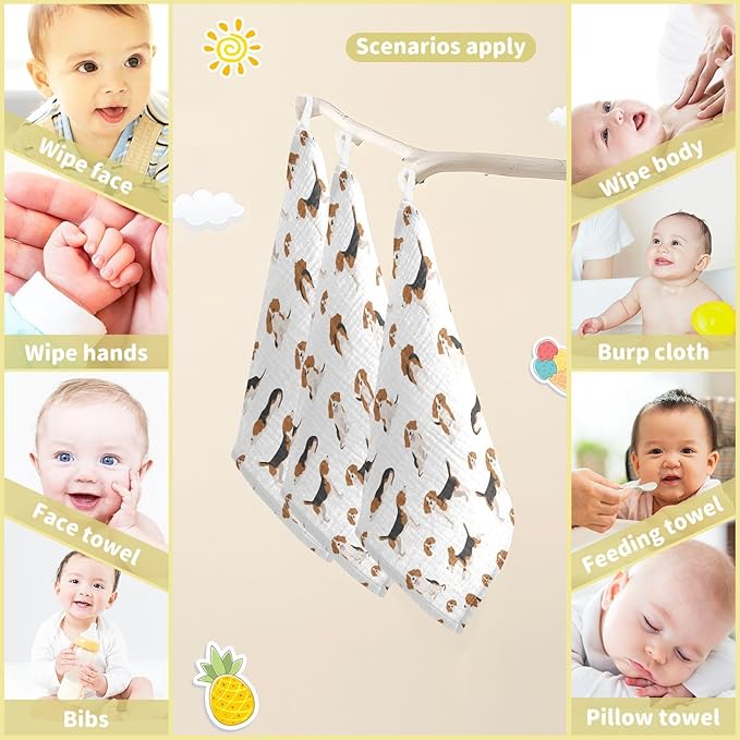 vvfelixl Baby Cotton Washcloths Beagle Dog Infants Bath Towel for Unisex Puppy Face Towels for Newborn, Natural Baby Wipes Delicate Skin, 11.8 X 11.8 inch, one sizex3