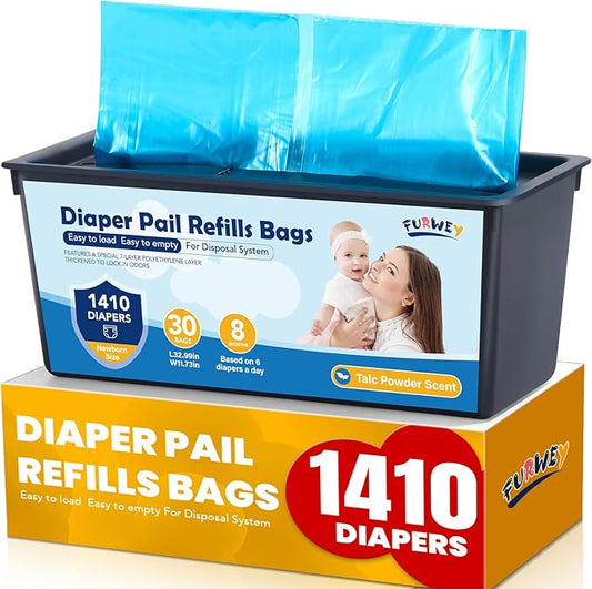 FURWEY Diaper Pail Refill Bags 30 Bags Per Refill Holds Up to 1410 Newborn Diapers 7 Layer Odor Barrier Technology 1PACK (30 Bags)