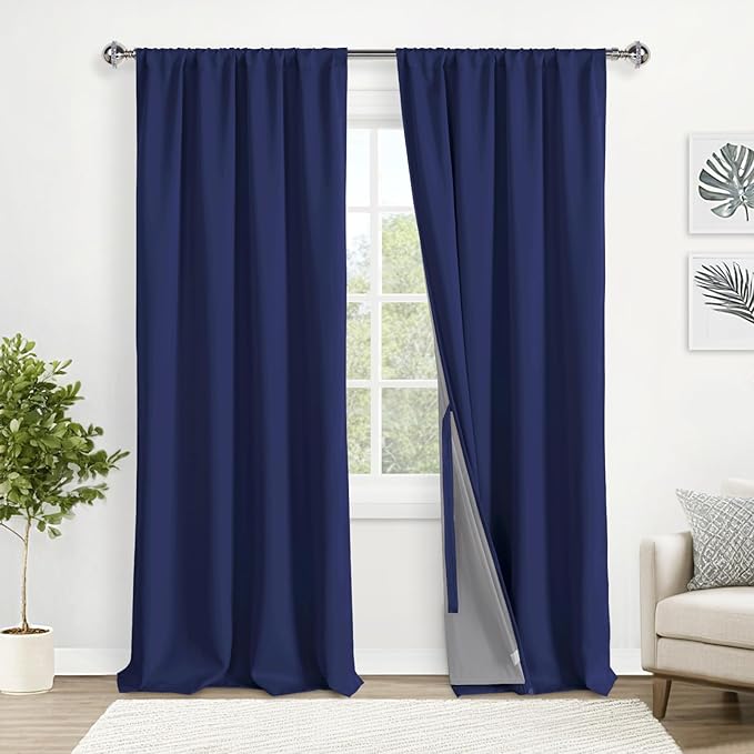 XWZO 100% Blackout Curtains with Tiebacks- Thermal Insulated, Noise Reducing and Heat Blocking Rod Pocket & Back Tab Drapes for Hall and Studio Windows, Navy Blue, W52 x L95, Set of 2