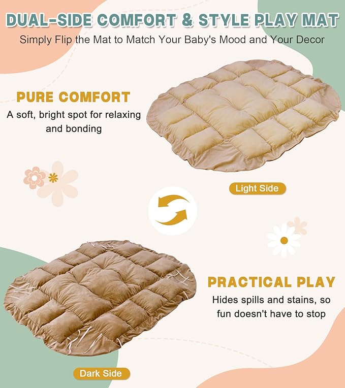 5-in-1 Baby Play Gym and Tummy Time Mat, Tummy Time Pillow & 12 Learning Cards, Plush Activity Mat with 6 Toys, Baby Gym, Convertible to Ball Pit, Baby Gift, Brown