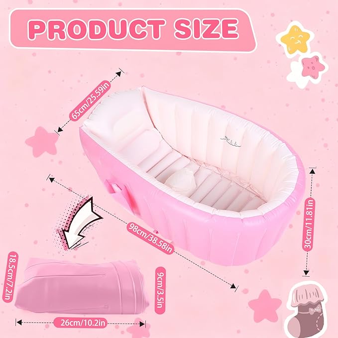 Inflatable Baby Bathtub, Collapsible Safe Baby Bath Tub, Portable Travel Shower Basin with Built-in Air Pump, Newborn to Toddler Bath Tub, Deflates and Folds Easily, Non-Slip (Pink)