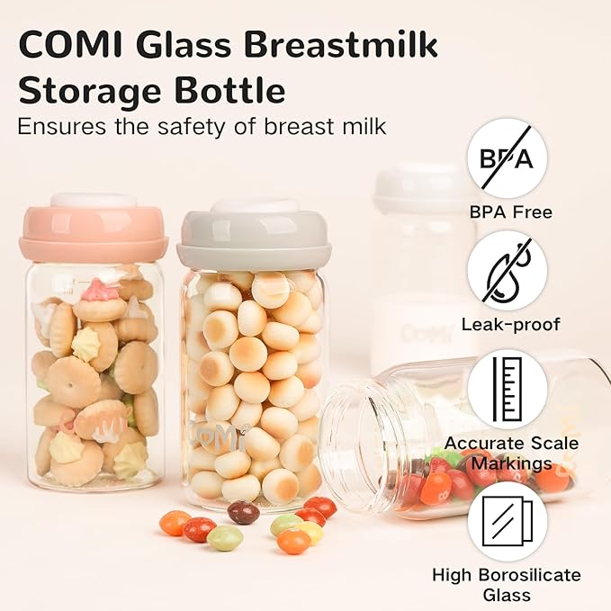 COMI Natural Glass Baby Bottle,Breastmilk Storage Bottle for Fridge,Wide Neck Breast Milk Container with Dome Cap,Fits Breast Pumps & Nipples,BPA Free,2PCS (6oz,2 Gray Lids)