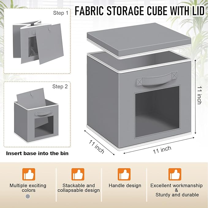 10 Pcs Fabric Storage Cube with Lid 11x11 Inch Fabric Storage Bins with Window Handle Collapsible Cube Organizer Basket for Shelves Closet Bedroom Office Clothes Book Stuffs (Light Gray)