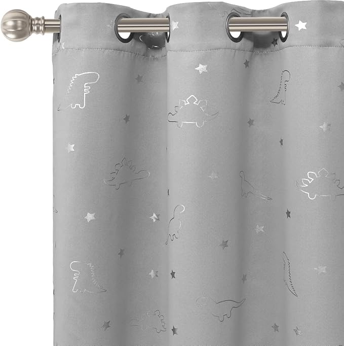 LORDTEX Dinosaur and Star Foil Print Blackout Curtains for Kids Room - Thermal Insulated Curtains Noise Reducing Window Drapes for Boys and Girls Bedroom, 42 x 63 Inch, Light Grey, Set of 2 Panels
