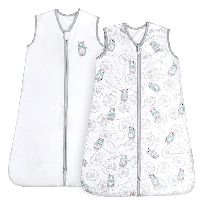TILLYOU 2 Pack Baby Sleep Sack 12-18 Months 100% Cotton Wearable Blanket 0.5 TOG Sleeveless Summer Sleep Sacks with 2-Way Zipper, Gray Bear & White