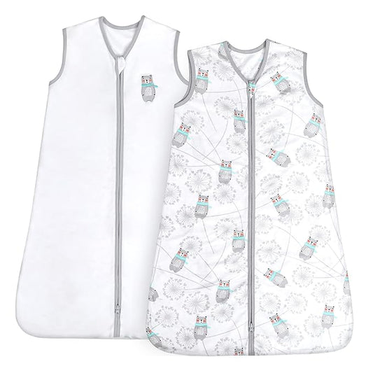 TILLYOU 2 Pack Baby Sleep Sack 12-18 Months 100% Cotton Wearable Blanket 0.5 TOG Sleeveless Summer Sleep Sacks with 2-Way Zipper, Gray Bear & White