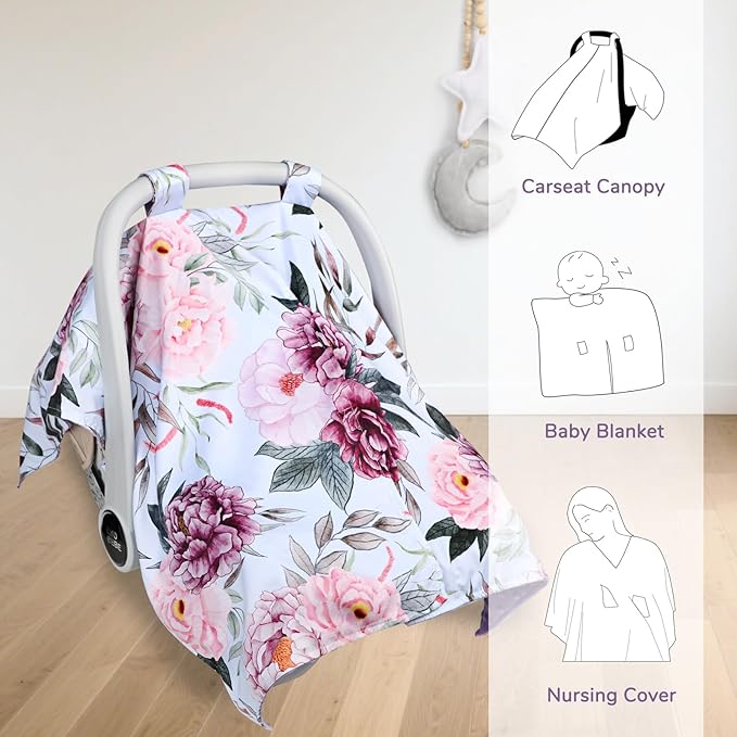 Baby Car Seat Cover, Peekaboo Opening Car Seat Canopy for Baby Girls Boys, Mom Nursing Breastfeeding Covers, Blanket for Infant, Pink Purple