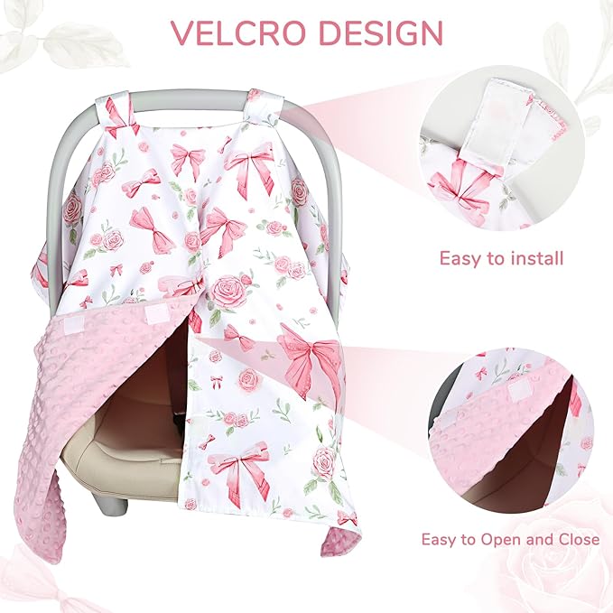 Baby Car Seat Cover, Peekaboo Opening Car Seat Canopy for Baby Girls Boys, Mom Nursing Breastfeeding Covers, Blanket for Infant, Pink Rose