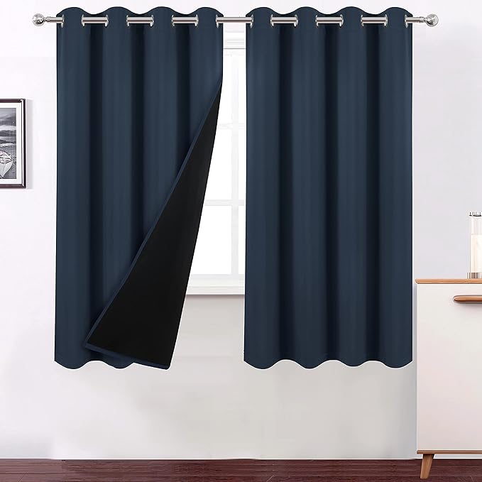 LEMOMO 100% Blackout Navy Blue Curtains with Black Lining/52 x 63 Inch/Set of 2 Panels Thermal Insulated Room Darkening Curtains for Bedroom