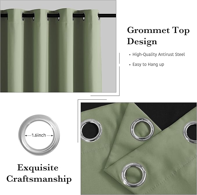 RYB HOME Light Green Blackout Curtains 84 inches Long 2 Panels Set, 100% Blackout Thermal Insulated Window Curtains for Bedroom Living Room Sliding Door, 52 inches Wide by 84 inches Long