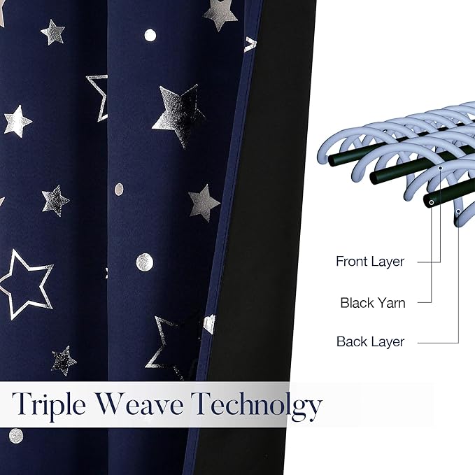 WUBODTI Navy Blue Kids 100% Blackout Curtains for Boys Bedroom 72 Inches Long 2 Panels, Cute Star Patterned Thermal Insulated Nursery Curtain Grommets Room Darkening Space Curtain Drapes for Baby