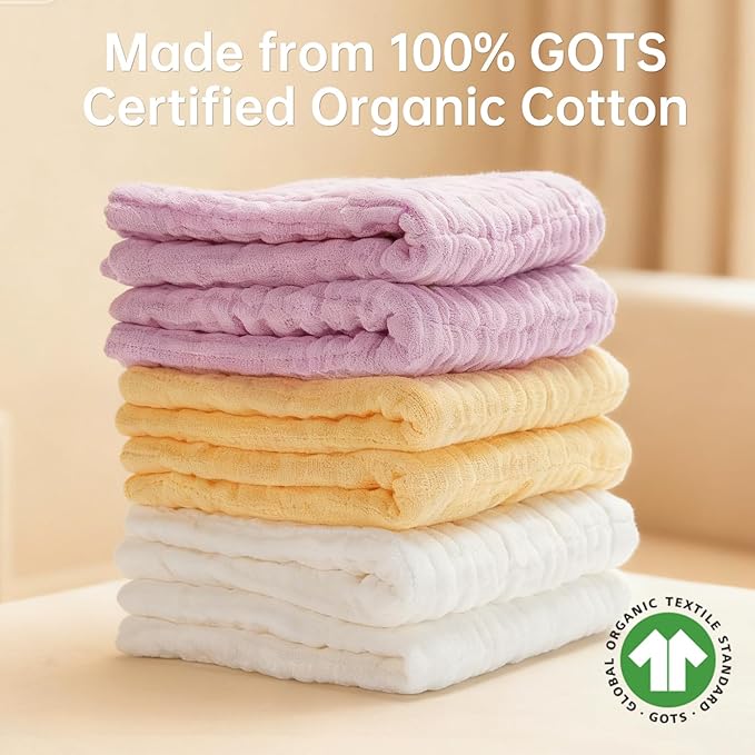 Bear Rocket Organic Muslin Baby Washcloths 6 Pack Baby Bath Face Towel 12x12 Inch Extra Absorbent and Soft Burp Cloth and Wash Cloths for Newborn-Infants On Sensitive Skin (White Yellow Pink)