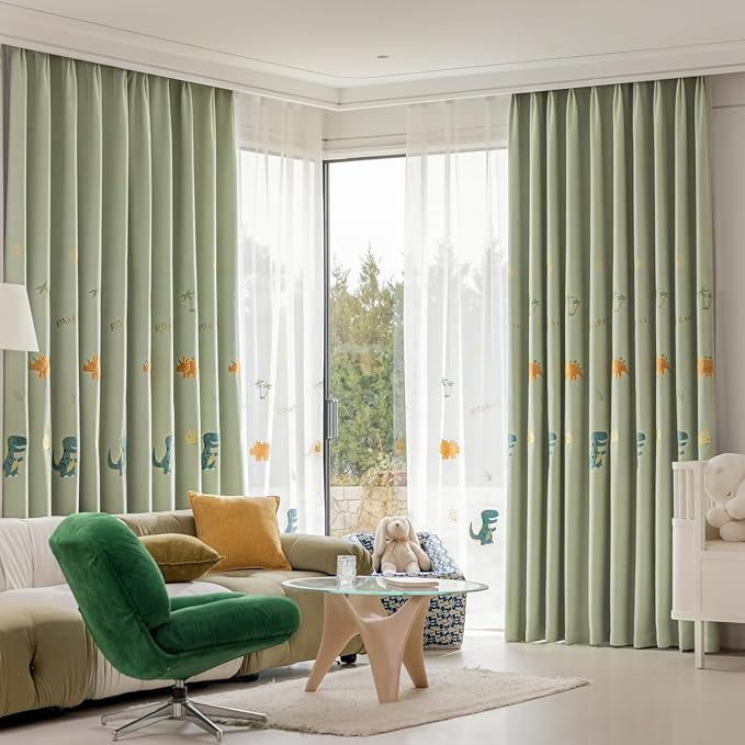 KMSG Cartoon Dinosaur Kids Curtains with Blackout Liner Embroidery Nursery Curtains for Children Boys Baby Bedroom Living Room Grommet Top Room Darkening Window Drapes 1 Panel (Green,W52 x L96 Inch)