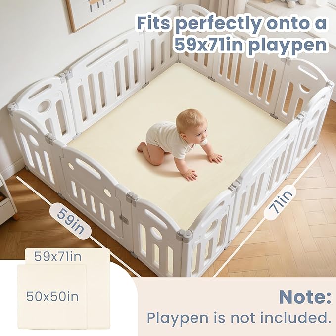 ACOMOPACK 1.3" Thick Baby Play Mat for Floor 59x71"-Large Water-Repellent&Non-Slip Memory Foam Mat for Kids,Toddlers,Soft Velvet Nursery Rug for Tummy Time&Crawling,Yoga,Tatami Style(Beige)