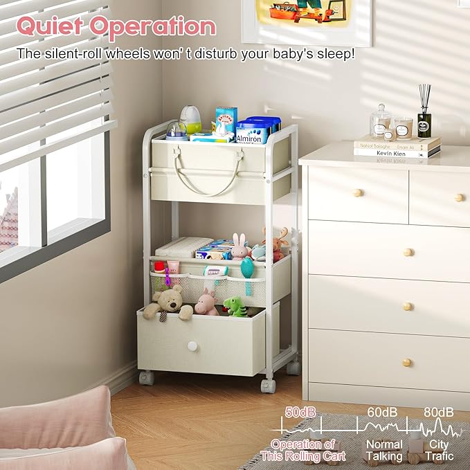 2In1 Baby Diaper Caddy Organizer and Storage, 3 Tier Rolling Cart with Drawer, Detachable Dividers, Mobile Utility Cart Baby Dresser Clothes Organizer for Crib, Bedroom, Art & Craft Storage