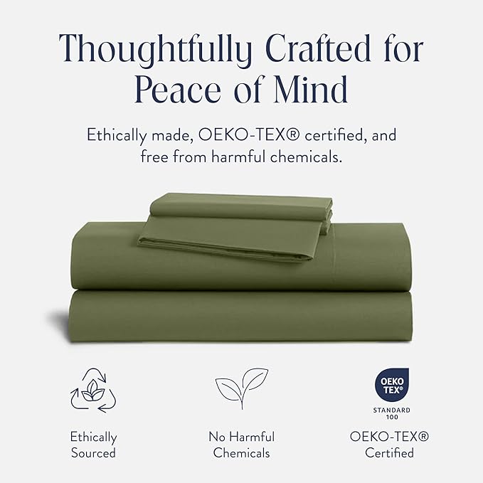 Brooklinen Luxury Sateen 4 Piece Sheet Set - 100% Cotton Bed Sheets, Soft & Durable Cali King Size Sheet Set in Fresh Moss, Oeko-TEX Certified Bedding Set, 1 Fitted Sheet, 1 Flat Sheet, 2 Pillowcases