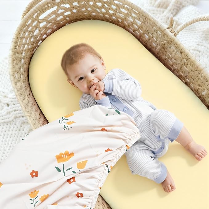 3 Pack Stretchy Bassinet Sheets - Universal Fit for Rectangle, Round, Oval, Hourglass Cradles & Moses Baskets - Soft Breathable Fitted Bassinet Sheets Set for Baby - Yellow & Flower