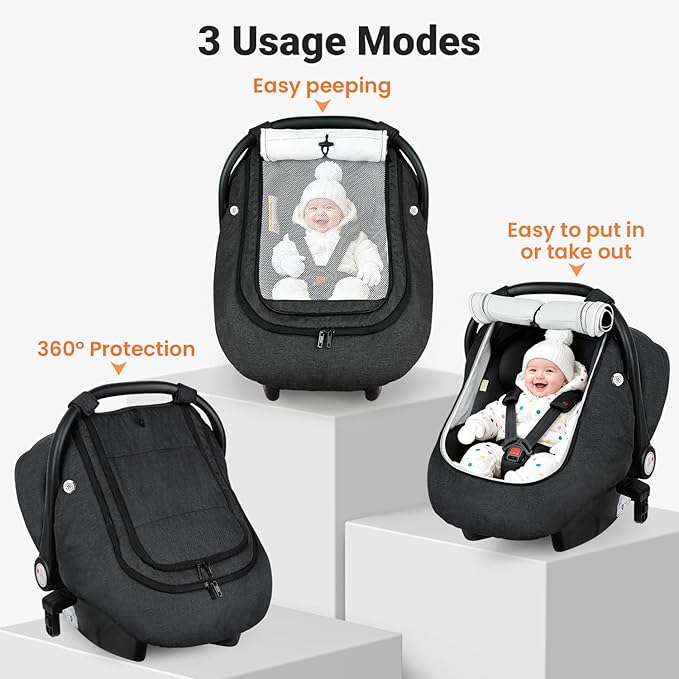 Rquite Car Seat Cover Baby, Carseat Covers Boy Girl, 2 Layers Window -Breathable Mesh & Wind/Sun Shade, Infant Car Seat Canopy Baby Carrier/Stroller Cover, Fit Spring, Fall, Winter, Cold Weather