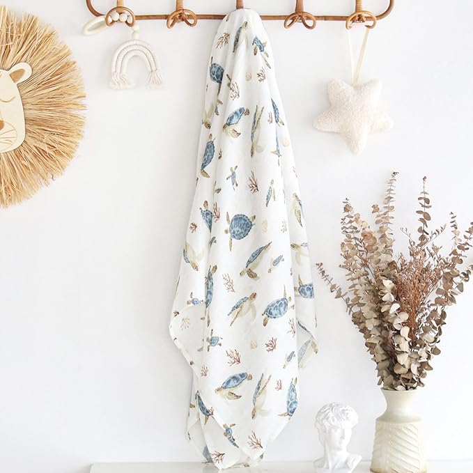 LifeTree Baby Swaddle Blanket, 70% Viscose from Bamboo and 30% Cotton Muslin Swaddles Blankets Boys Girls, Sea Turtle Swaddling Blanket for Newborn, Super Soft Large 47" x 47"