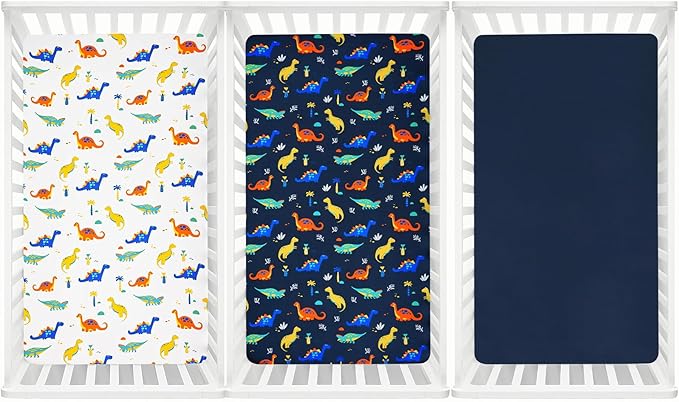 david's kids 3 Pack Fitted Crib Sheets, Ultra Soft Breathable Comfortable Baby Sheet Set for Boys Girls Neutral, 28x52 Inch Fits Standard Crib and Toddler Mattresses, Dinosaur