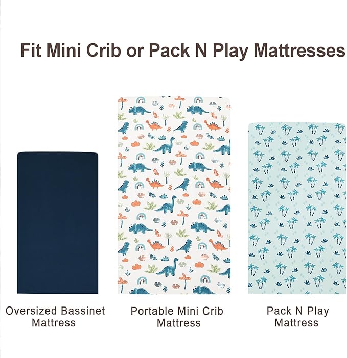 david's kids 3 Pack Mini Crib Sheets, Soft Breathable Premium Pack N Play Sheets for Baby Boys Girls Neutral, Playard and Mini Crib Mattresses, Dinosaur Blue