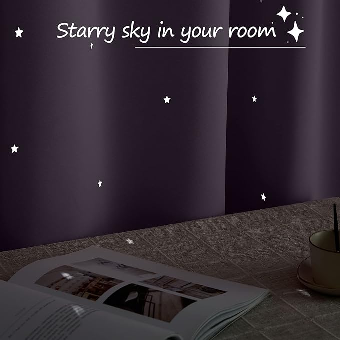 NICETOWN Cutout Stars Curtains for Kids Room 2 Panels Romantic Sparkle Starry Sky Space Theme Light-Filtering 54 inches Length Blackout Windows Curtains, 34" Width, Greyish Purple