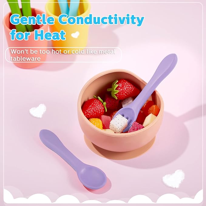 Nuenen 6 Pieces Silicone Baby Feeding Forks and Spoons Set Hot Safety First Stage Self Feeding Supplies Mini Kids Utensils for over 6 Months Babies Boy Girl Toddlers First Foods (Primary Color)