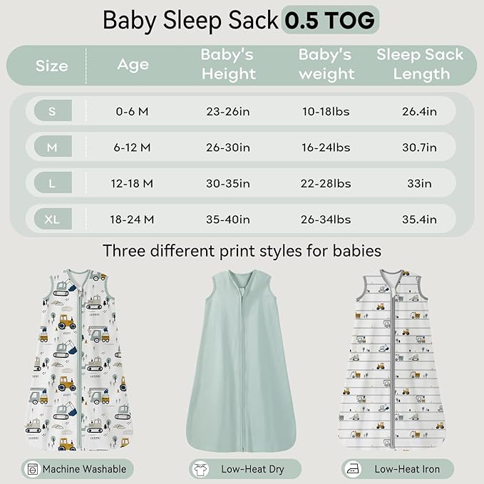 Unnivoll Baby Sleep Sack 12-18 Months 0.5 Tog Wearable Blanket Baby, 3 Pack 100% Cotton Lightweight Sleeping Sack with 2-Way Zipper for Infant Toddler Excavator