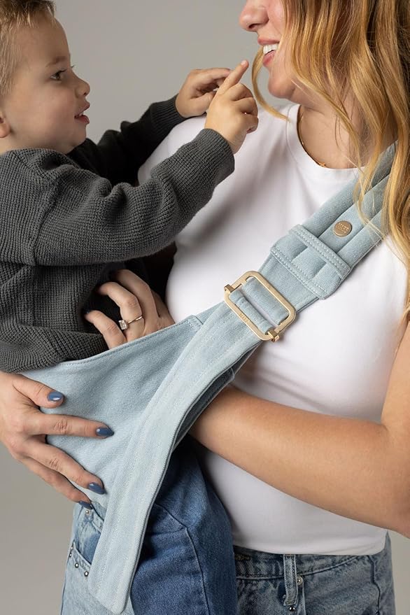 Mabē Monarch Toddler Sling Carrier – Ergonomic Hip Carry Support for Toddlers – Adjustable and Breathable Sling for Easy Up/Down & Comfortable Holding (16–45 lbs, Denim)